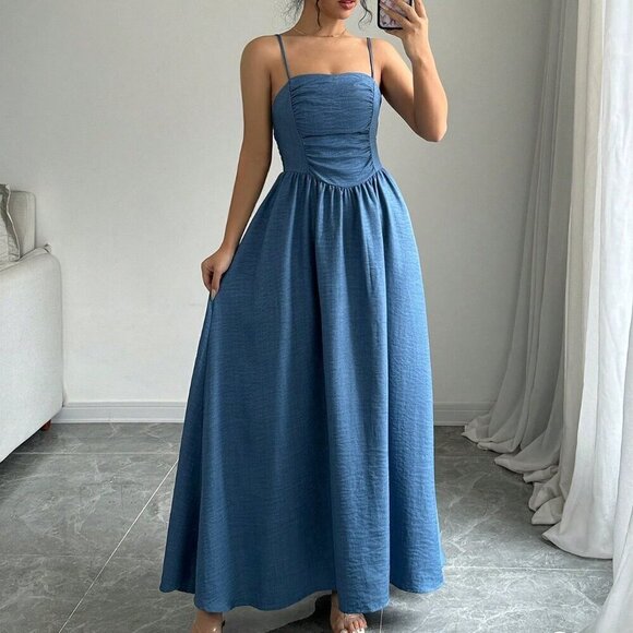 Dresses & Skirts - Dusty Blue Elegant Women's Solid Color Ruffle Hem Dress